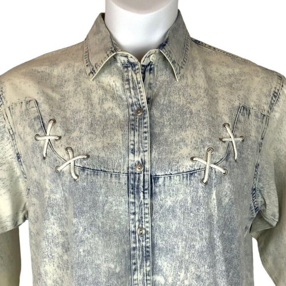 Biz Tango Blues Womens Acid Wash Western Shirt Size Medium Lacing Cowgirl 80s - Picture 1 of 9